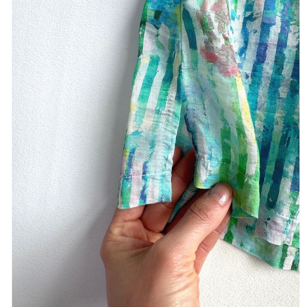 Terra SJ Watercolor Stripe Ruffle Collar Button Up Green Art to wear tunic - Picture 11 of 12